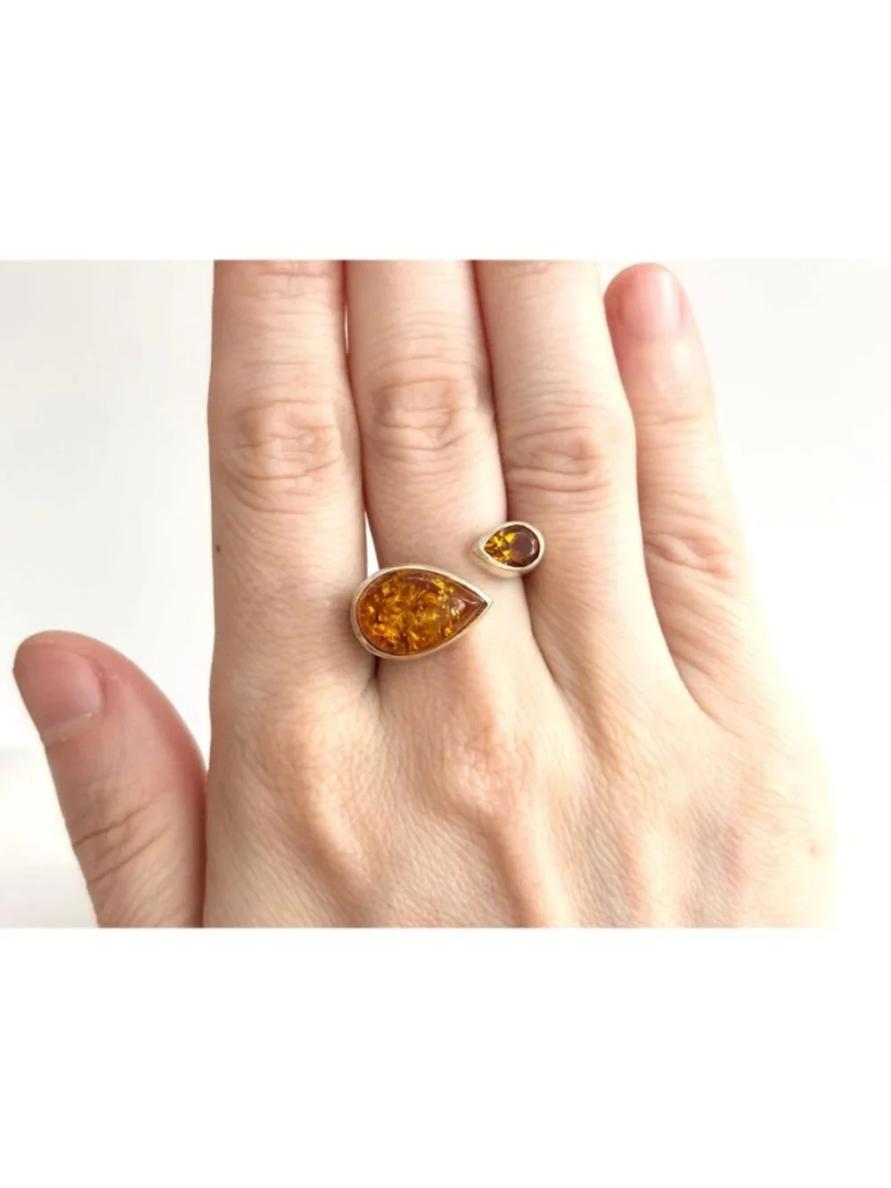Modernist Baltic Amber Citrine Open Shank Sterling Silver 925 Vintage Ring sz 8